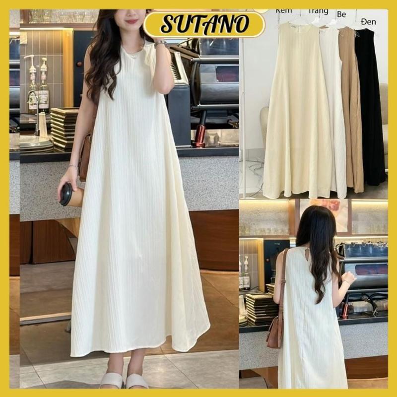 Váy suông ba lỗ đũi gân 2 lớp dáng xòe đầm xuông sát nách đầm suông hai lớp chất đũi gân mềm V842 SUTANO