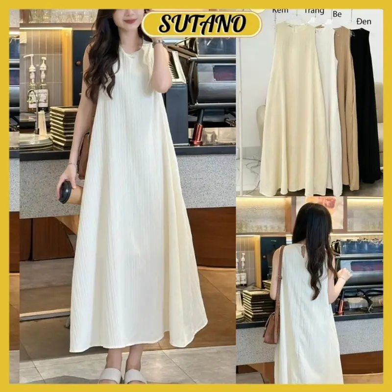 Váy suông ba lỗ đũi gân 2 lớp dáng xòe đầm xuông sát nách đầm suông hai lớp chất đũi gân mềm V842 SUTANO