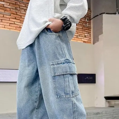 Quần ống rộng bé trai Quần Bò Dài mềm Túi Hộp Ngầu cho bé trai phong cách baggy - Quần Bò bé trai - Quần dài mặc đi học Quần Mã Túi Hộp 3