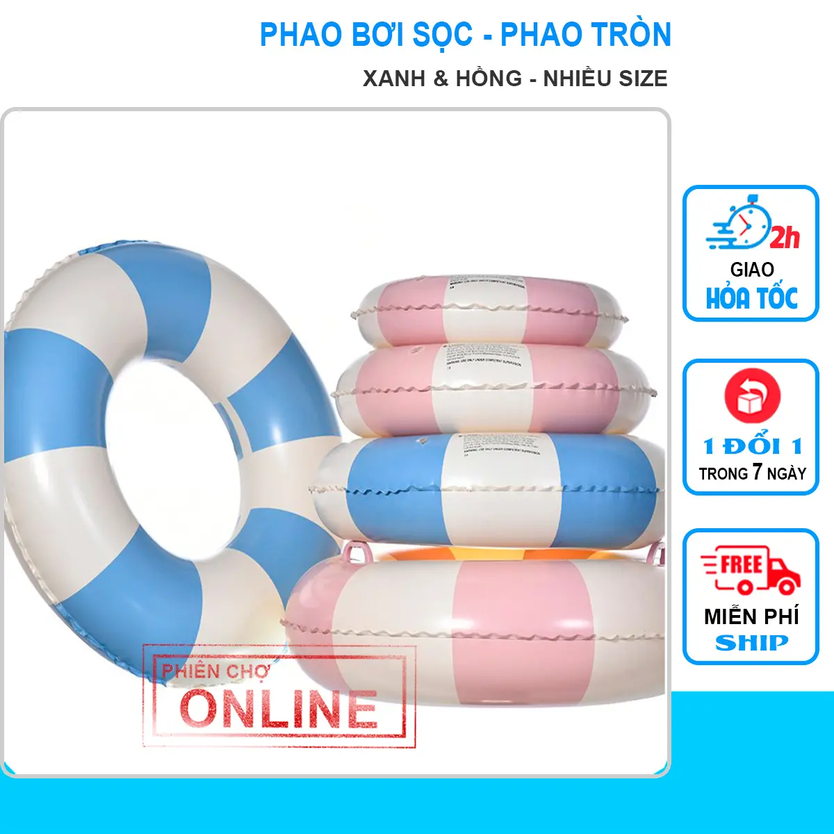 Phao Bơi Tròn, Phao Sọc Hồng-Xanh Loại Dày, Đủ size