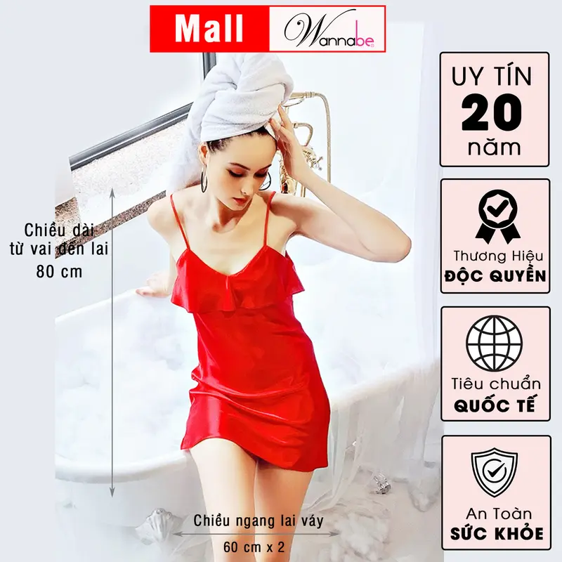 Đầm ngủ lụa WANNABE váy ngủ 2 dây phối bèo ngực che vòng 1 kín đáo nhưng vẫn nữ tính mang lại vẻ xinh tươi cho bạn gái Women Dress Kem Nhung dam ngu lua phi DNS05 5