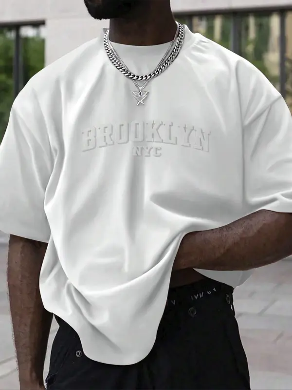 [Plus Size] Men's  Letter Embossed Drop Shoulder Tee, Casual Half Sleeve Round Neck T-shirt, Fashion Men's Summer Top for Daily Wear 1