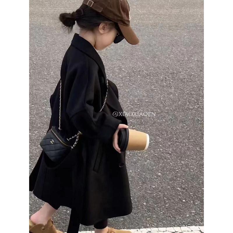 Áo Khoác Len, Dành Cho Trẻ Em, Màu Đen, Phong Cách Hàn Quốc, Dài Trung Bình Phong Cách Phương Tây, Thích Hợp Cho Mùa Thu Và Mùa Đông, Hàng Mới Về, Áo Khoác Len Bé Gái 3
