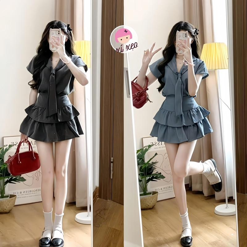 Set áo cộc tay cổ vest phối nơ thủy thủ kèm chân váy xixeoshop - S96 Nữ Kem Women Top