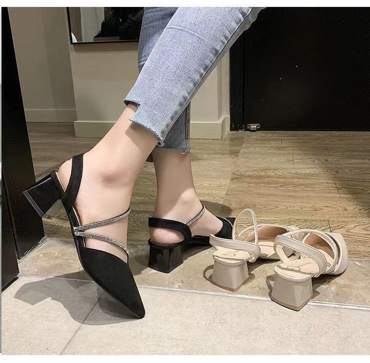 Product Introduction of Women's Sandals Summer Mid Heel Pointed Toe Pumps Closed Toe Chunky Heel Rhinestone Women's Shoes Word Buckle High Heels 13