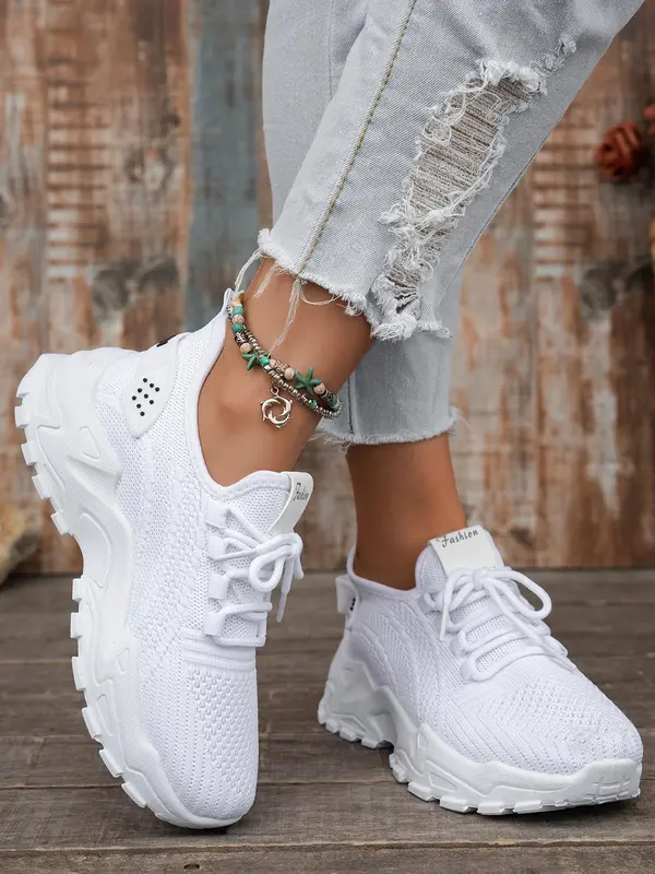 Women's Solid Color Lace Up Mesh Breathable Lightweight Running Shoes, Casual Comfortable Sports Shoes, All-match Round Toe Walking Shoes for Daily Wear 0