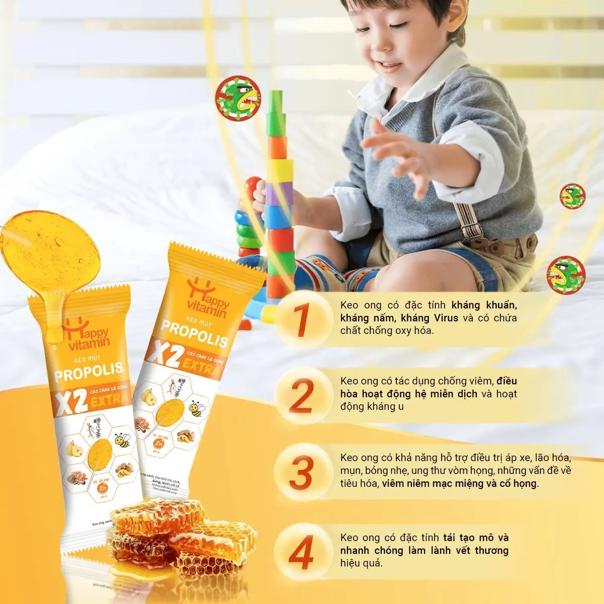 Kẹo Mút Keo Ong EXTRA- Happy Vitamin Hỗ trợ giảm ho, long đờm, viêm họng - Gói 1 chiếc, Dây 10 chiếc