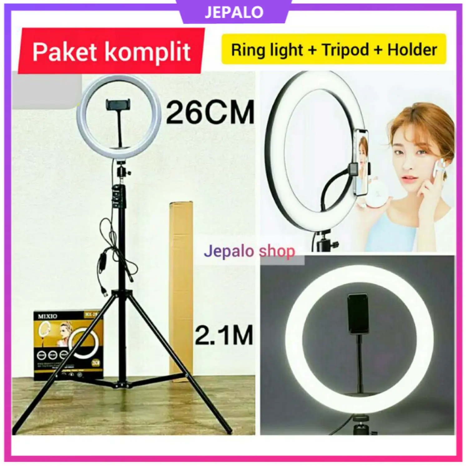 RING LIGHT LED LAMPU 26CM + TRIPOD 2.1 Meter RINGLIGHT make up tiktok foto studio makassar