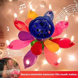 【MUHAMMAD】Satu lapisan lotus ulang tahun musik lilin bernyanyi musik bunga lotus karya kreatif Merah