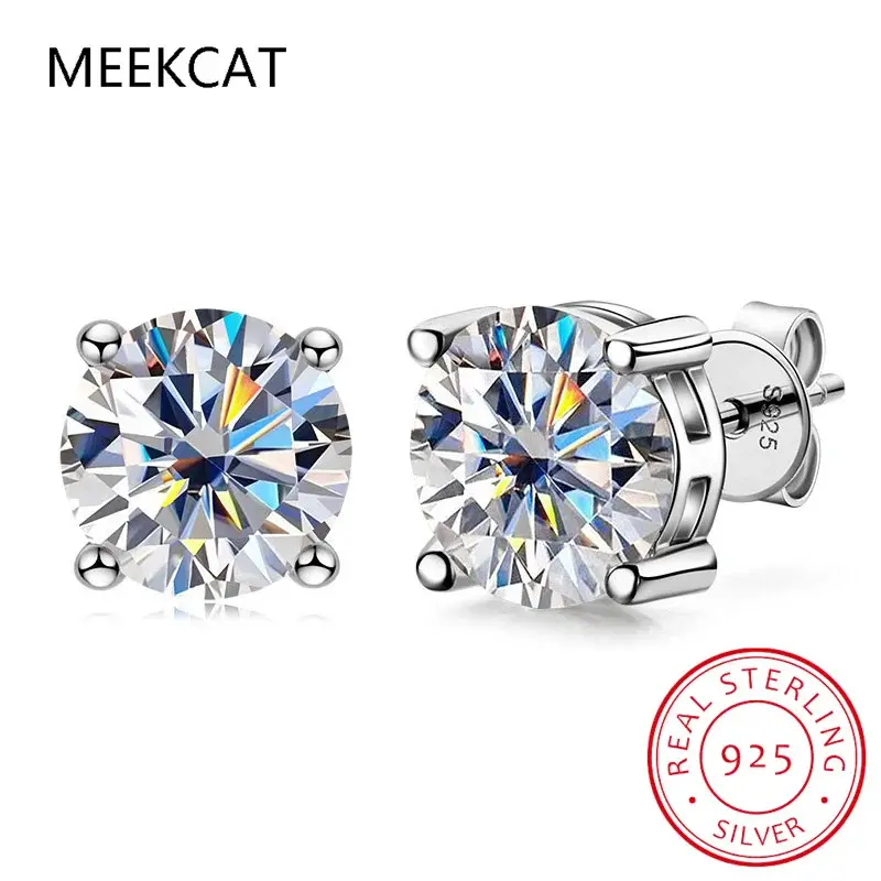 Bông Tai Đinh tán Moissanite, Bạc Sterling 925 100%, 2 Carat Thật, 8Mm, Đinh Bốn Móng, Dành Cho Phụ Nữ, Đồ Trang Sức Tốt Cho Đám Cưới Lấp Lánh 0