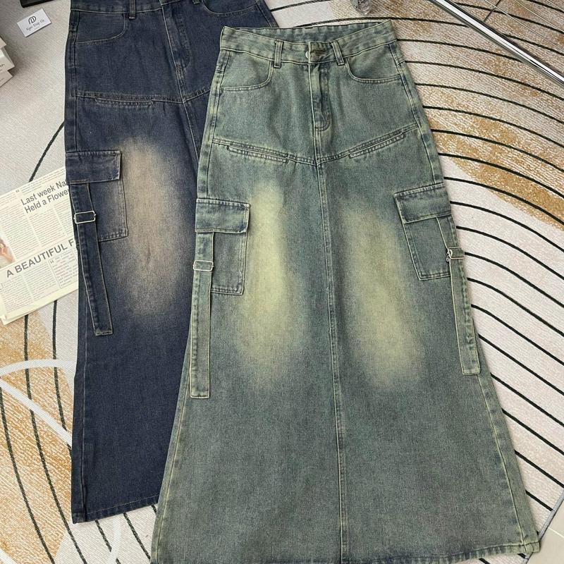    Xả Kho   Chân Váy Jeans Retro Loang Túi Hộp Dáng Dài 90cm Xẻ Sau Nữ   ảnh thật shop chụp V39 - NgocDiepVuSTORE 
