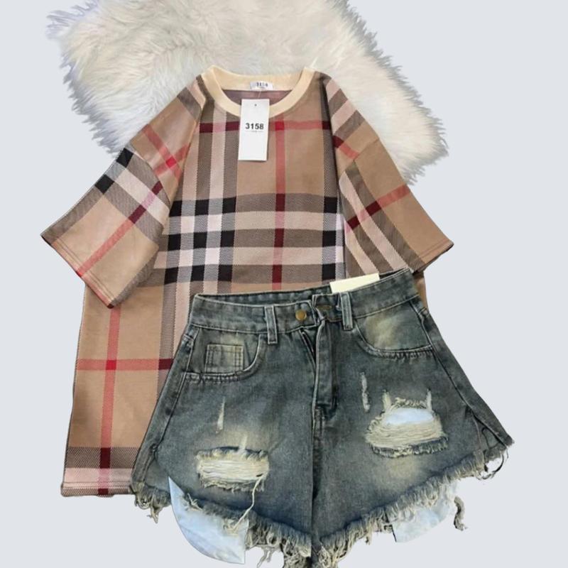 Set Áo Phông Kẻ Toàn Thân Mix Cùng Quần Short Jean Hở Túi - Women [hàng mới về] Women 0