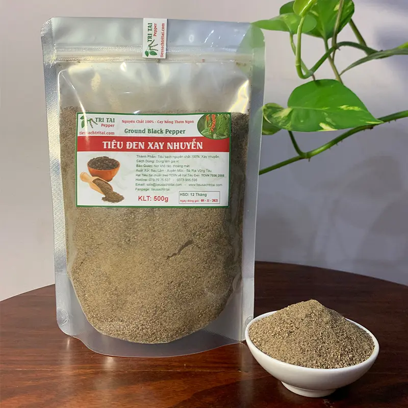 Tiêu Đen Xay Nguyên Chất - Gia Vị Hạt tiêu xay - Túi 500g - Tiêu Sạch Trí Tài