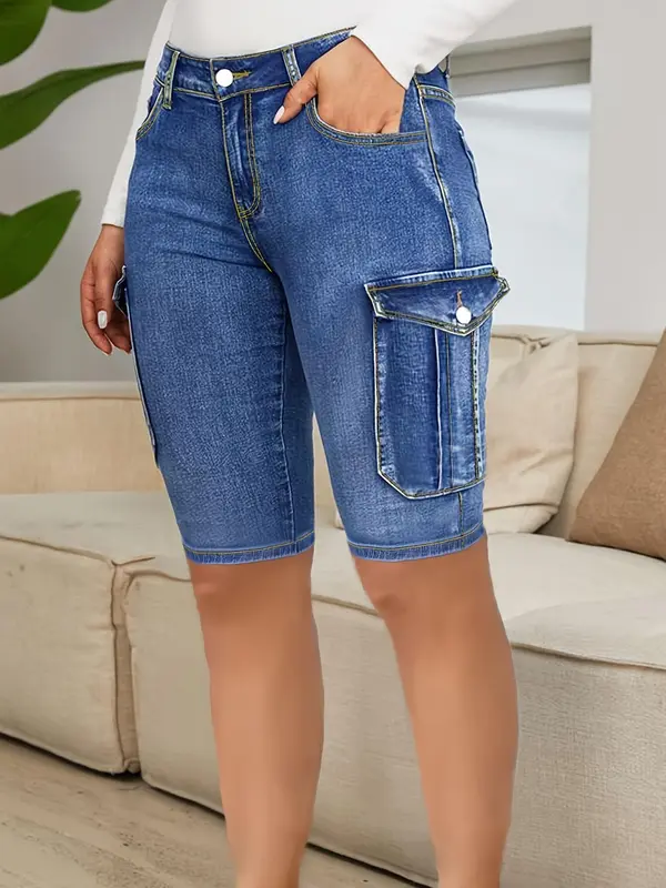 【Plus Size】  Pocket Button Fly Denim Shorts, Casual Street Comfy Skinny Shorts for Daily Wear, Women's Bottoms for Summer 2