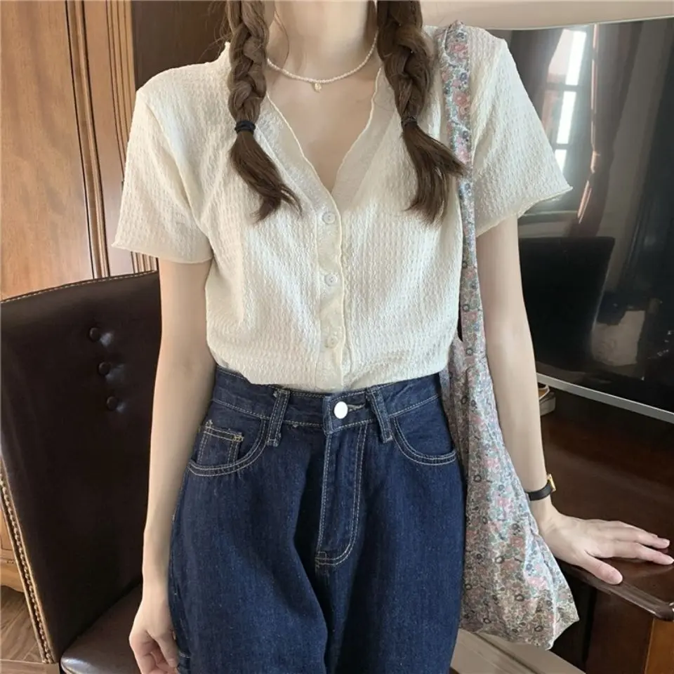 141 Design Sense Niche Shirt for Women Summer Korean Style Elegant Pleated V-neck Slimming Short Gentle Style Short Sleeve Shirt for Women