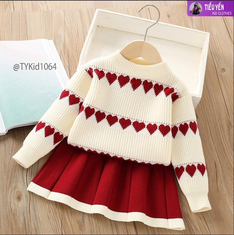 [Tiểu Yến KID] S1064-Set len cao cấp bé gái, áo len trắng trái tim đỏ và chân váy đỏ