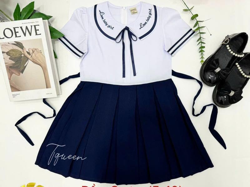 Đồng phục học sinh Áo + Váy liền không quần bé gái - Cotton mịn, hút mồ hôi - Việt Nam vay cho be 2