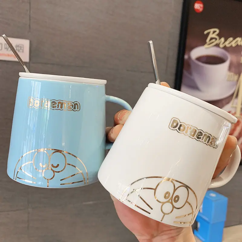 Mug Creative Doraemon ceramic cup cartoon water cup with cover spoon bronzing mug  male and female students water cup 460ml