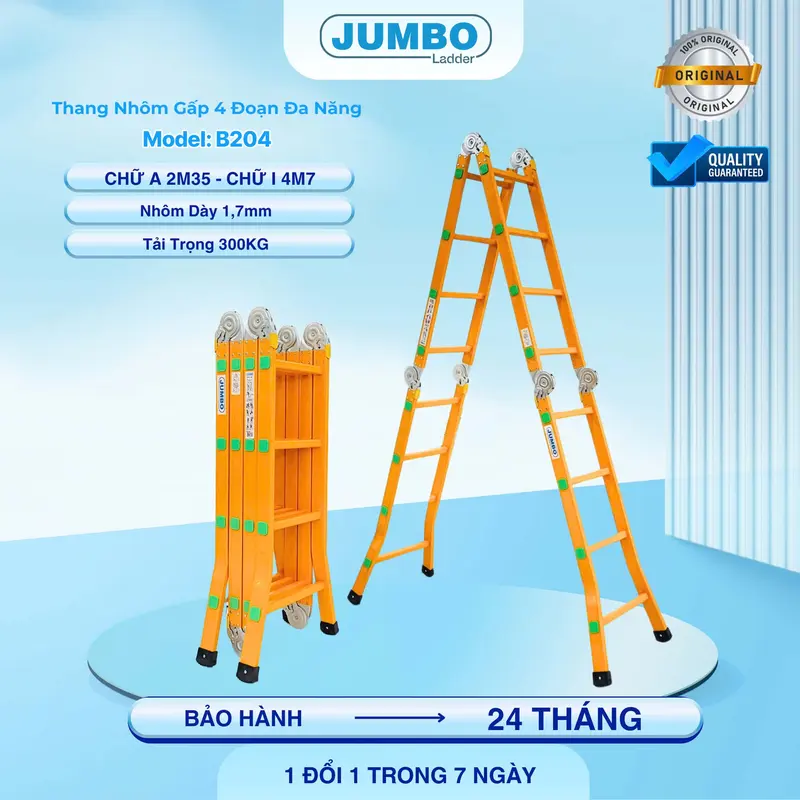 Thang nhôm gấp 4 đoạn JUMBO B204, chữ A cao 2.35m, chữ I cao 4.7m, 14 tư thế sử dụng, tải trọng 300kg 0