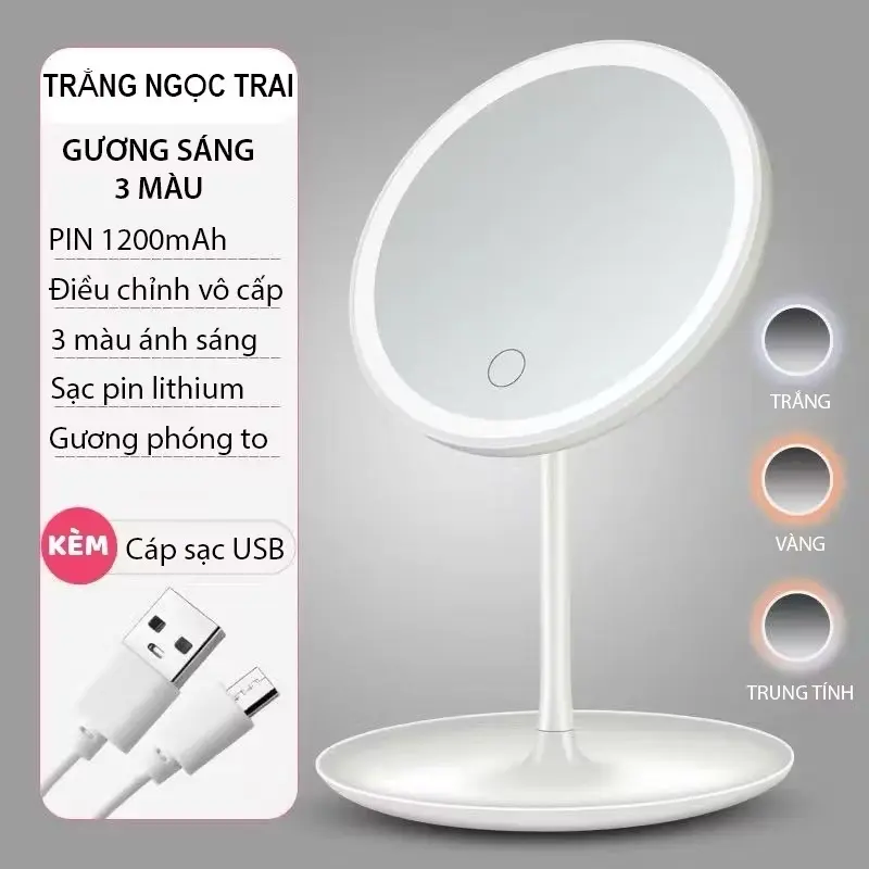 [Kèm Dây Sạc] Gương đèn LED cảm ứng 3 chế độ ánh sáng hình tròn để bàn trang điểm - Giao Màu Ngẫu Nhiên 2