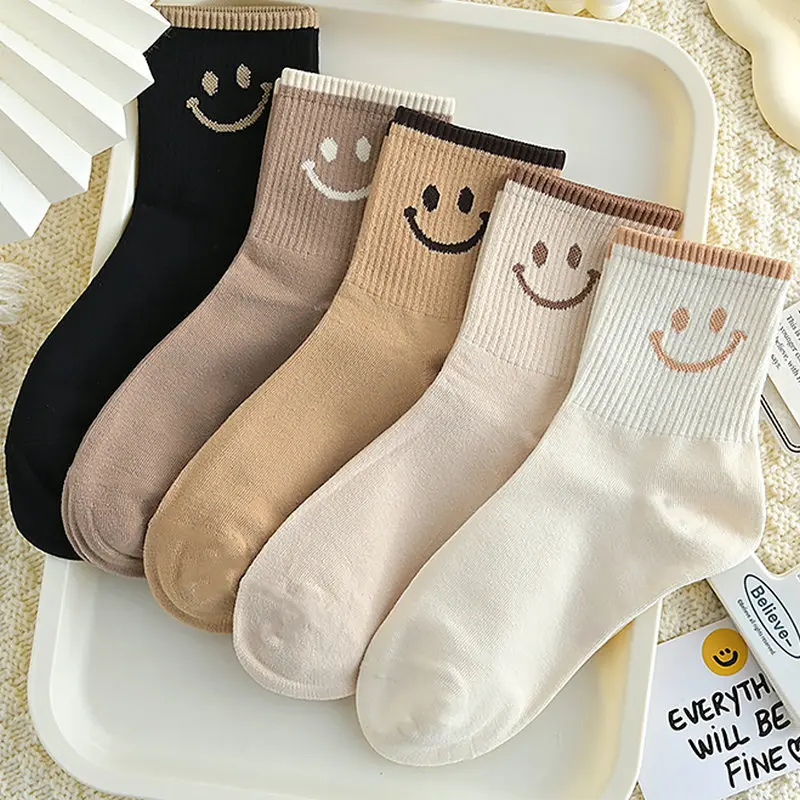 5/1Pairs Harajuku Women's Smiling Face Socks Autumn Winter Kawaii Funny Cotton Solid Colored Funny Cotton Sock