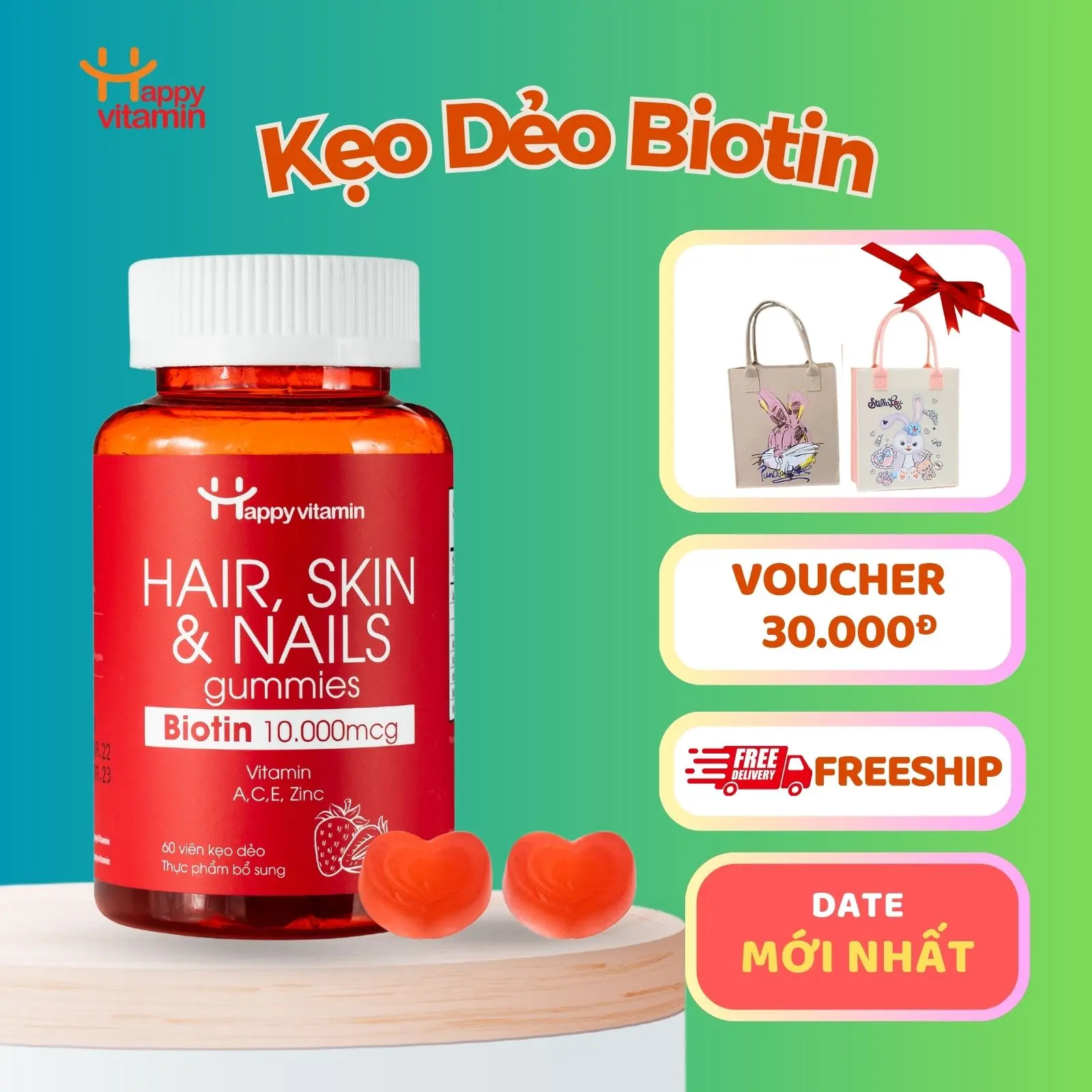 Kẹo dẻo Biotin hàm lượng 10.000 mcg giúp cải thiện tóc rụng và mọc tóc tinhdau hoa canh collagen