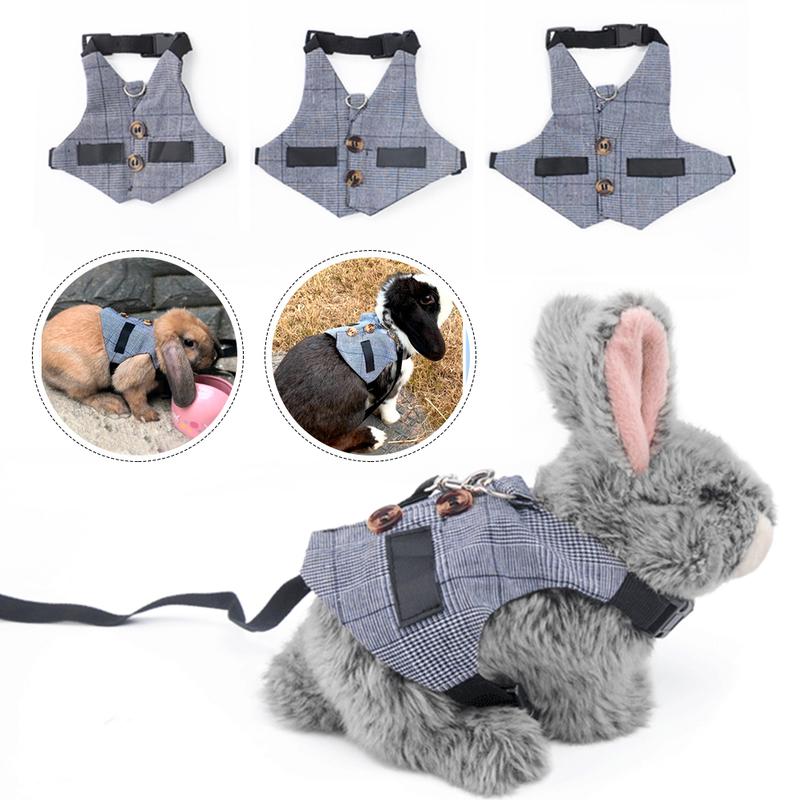 Product Introduction of Rabbits Suit Vest Small Pet Gray Plaid Harness Adjustable Breathable Rabbit Chest Strap Outdoor Pet Vest with Pulling Rope S/M/L 12
