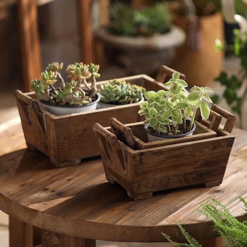 Table American Retro Vintage Decorative Flower Basket Double Handle Storage Basket Garden Balcony Flower Pot Succulent Storage Box Decorative Flower Container