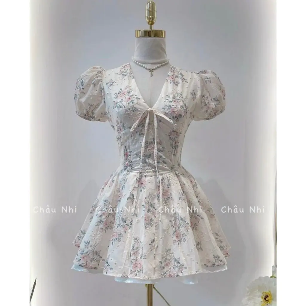 Đầm thiết kế tay bồng chất ren lưới hoạt tiết dệt hoa đầm dự tiệc sang trọng