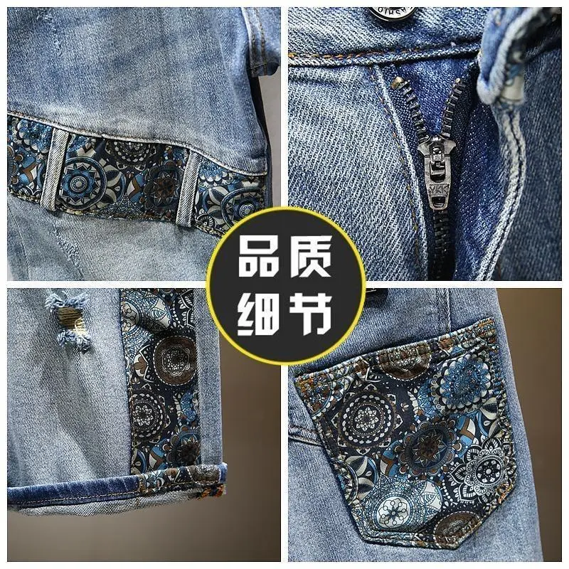 Quần Soóc Denim Mùa Hè, Cao Cấp, Thương Hiệu Hợp Xu Hướng Hàng Châu Âu, Dành Cho Nam Giới, Phong Cách Cổ Điển Chắp Vá, Quần Soóc Ống Đứng Dáng Rộng, Quần Soóc Bermuda, Rách 3