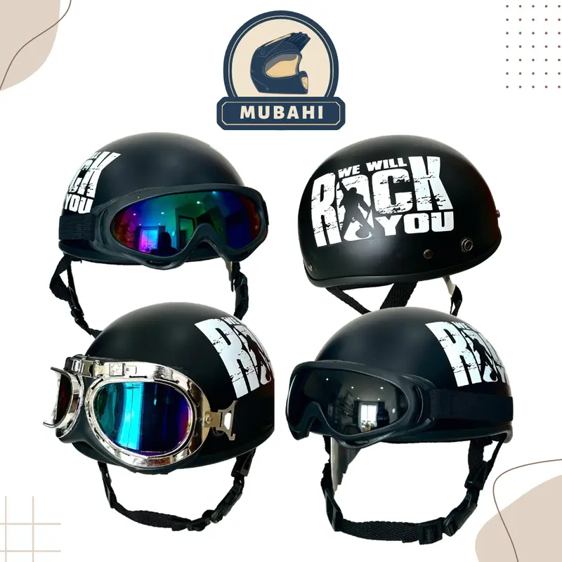 Mũ Bảo Hiểm Nửa Đầu Đen họa tiết We will rock you trắng Gắn Kính Tự Chọn Nón bảo hiểm 1/2 họa tiết Helmet 0
