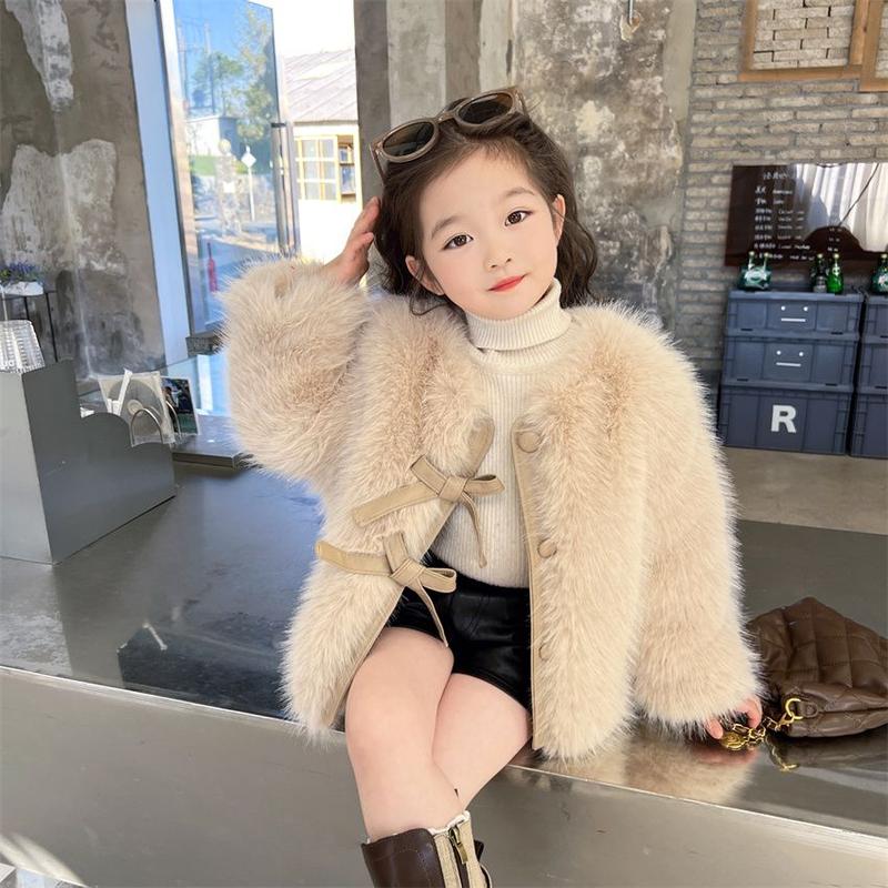 Áo Khoác Bé Gái, Lông Giả, Áo Len Lông Thú, Nơ Trẻ Em, Áo Nhồi Bông Phong Cách Phương Tây, Quần Áo Mùa Thu Và Mùa Đông, Mới Cho Năm 2024 5