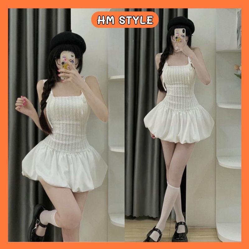 CÓ MÚT Sét Váy Hai Dây Chân Váy Bí Dáng Xoè Tặng Kèm Quần Váy hai Dây Phối Dây Nơ Điệu Đà HV333