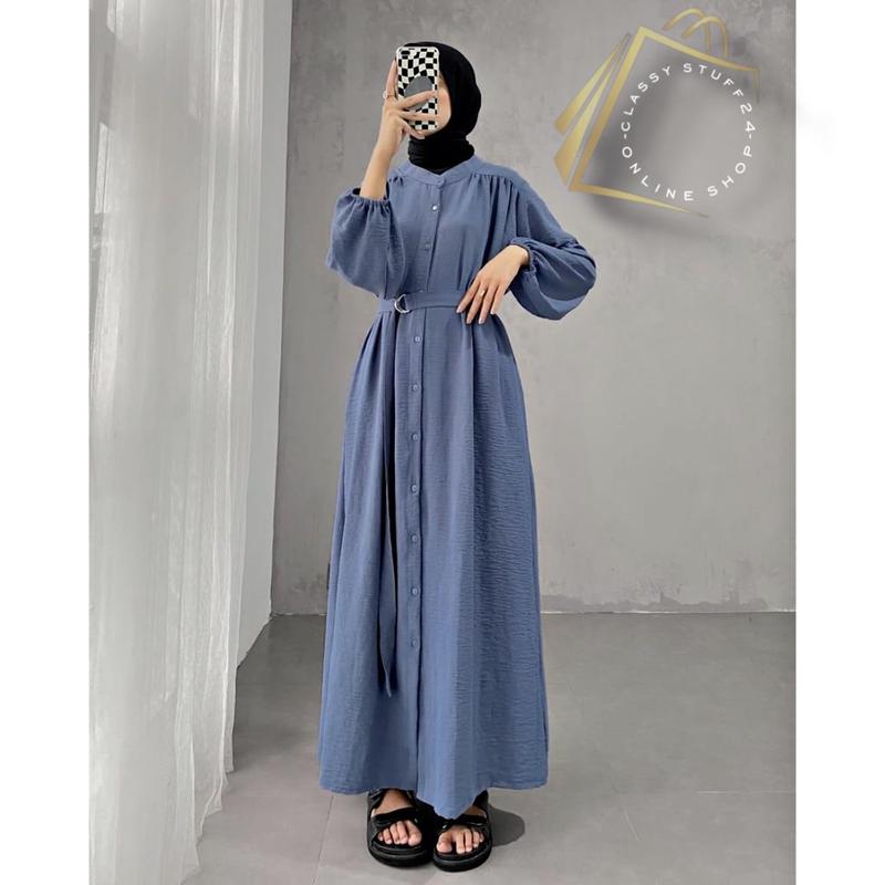 ( BAYAR DI TEMPAT) KAYLA DRES CRINKLE AIRFLOW GAMIS POLOS BUSUI TERBARU Kain Kancing Muslim Dress Wanita 5