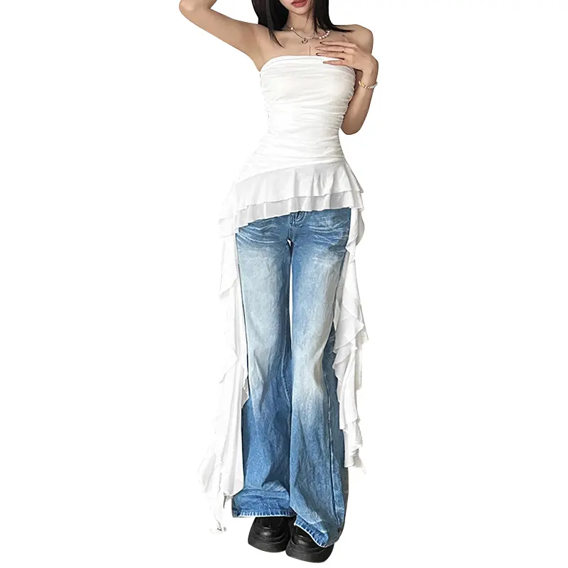 Women Irregular Tube Tops Summer Solid Color Ruched Ruffles Bandeau Backless Shirts for Streetwear Aesthetic Clothes Casual Fashion Strapless Womenswear Casual Wear Cute Outdoor Polyester