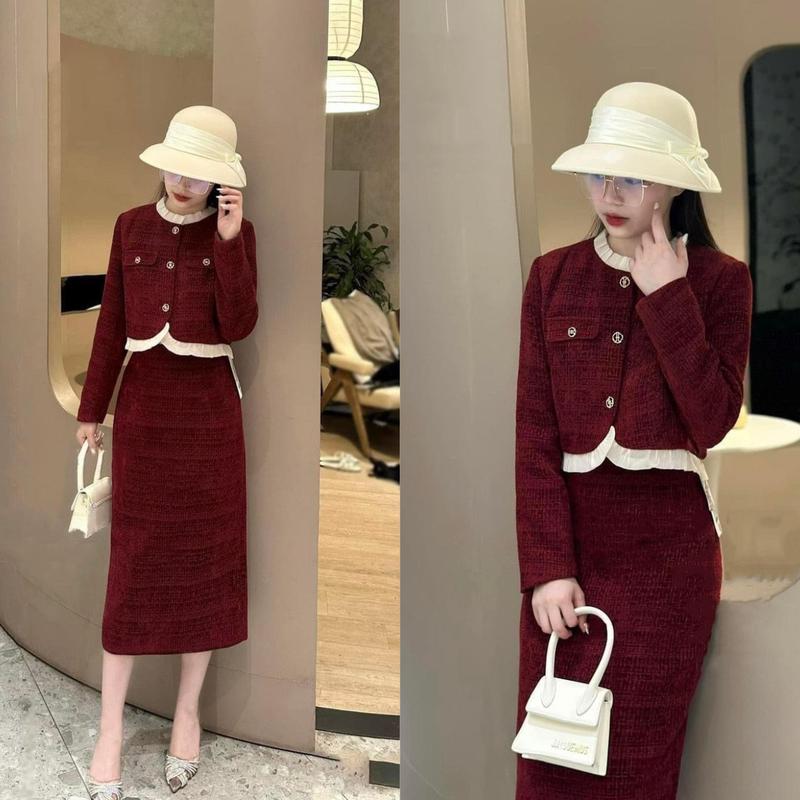 Set dạ tweed nhung nữ áo khoác dạ viền bèo kèm chân váy dạ dáng dài maxi tiểu thư mùa đông hàn quốc