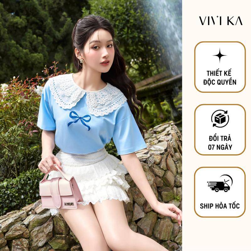 VIVIKA - Áo thun cotton tơ cổ bèo ren họa tiết nơ - VKAO00512 Nữ Top Women Women
