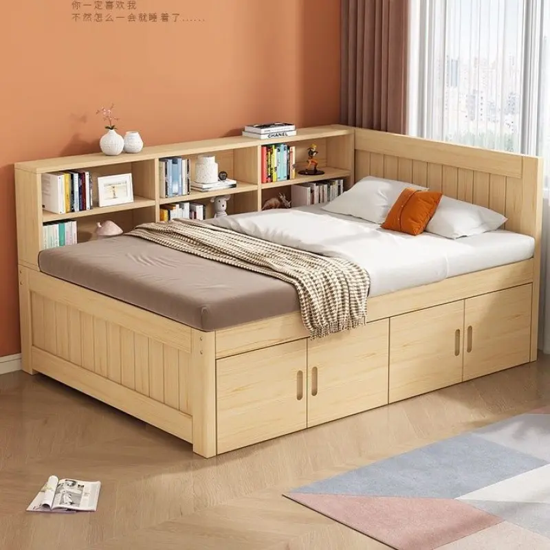 Solid Wood Bed Frame with Storage Bookshelf and Drawers Simple Small Hydraulic Multifunctional Bedframe Bedroom Household