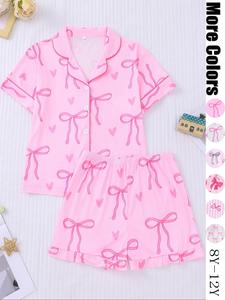 New Girls' Cartoon Pajamas Set, Cute Bow Heart Print, Summer Wearable Lapel Cardigan, Thin Home Clothes, 2 Piece Set