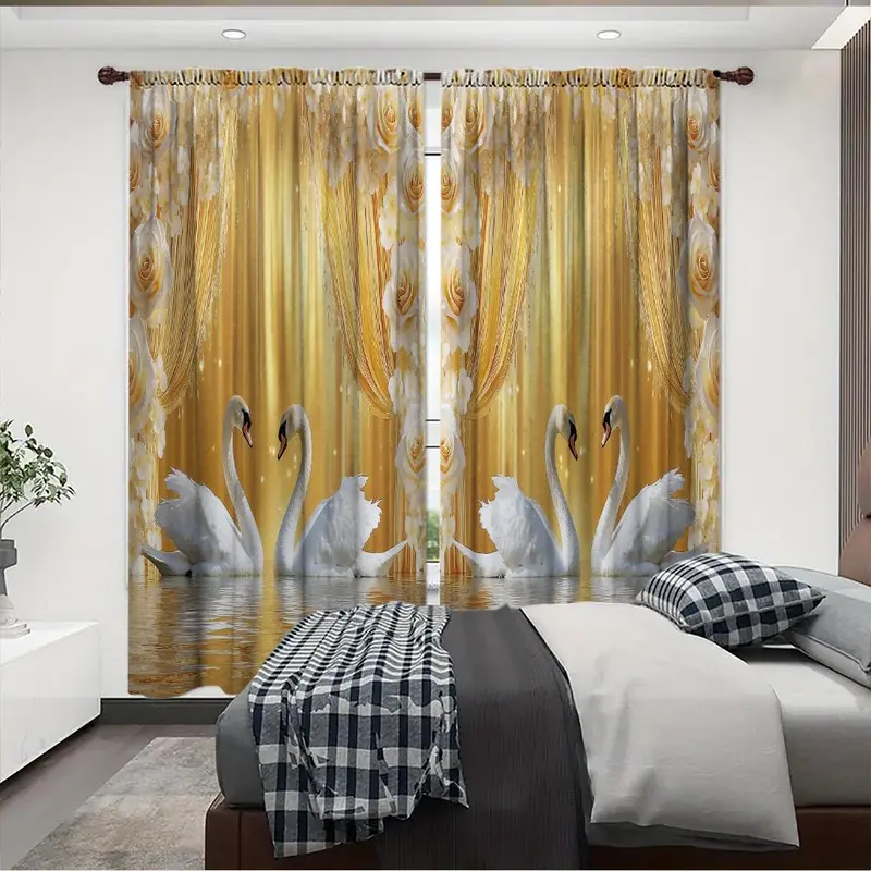 Swan Pattern Door Curtain, 1 Set Exquisite Printing Door Curtain with Tie Rope, Home Decor for Living Room Bedroom Hotel Bathroom 2