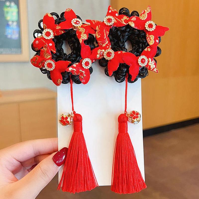 Product Introduction of Tóc Giả Trẻ Em, Phụ Kiện Tóc Scrunchies Bóng Tua Rua, cài tóc Cô Gái Năm, Phong Cách Cổ Trang Mới, C4J1 30