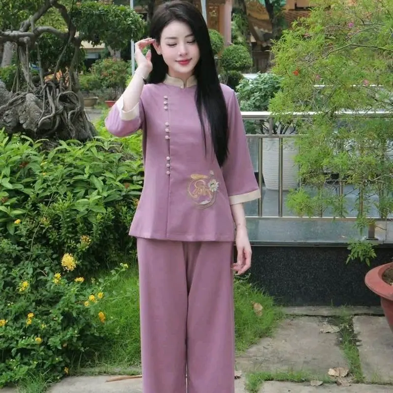 đồ lam đi chùa TÂM AN chất liệu tuyết nhung  cổ tàu nút bọc thêu hoa sen  chữ tâm ở giữa kết hợp quần hai túi trang trọng 4