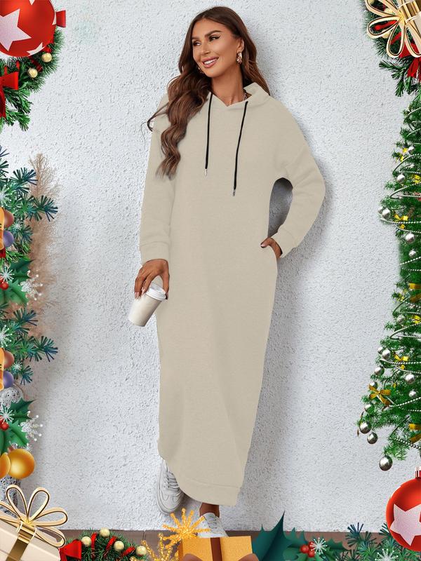 Women's Simple Plain Drawstring Drop Shoulder Hooded Long Dress, Casual Pocket Long Sleeve Dress for Fall & Winter 1