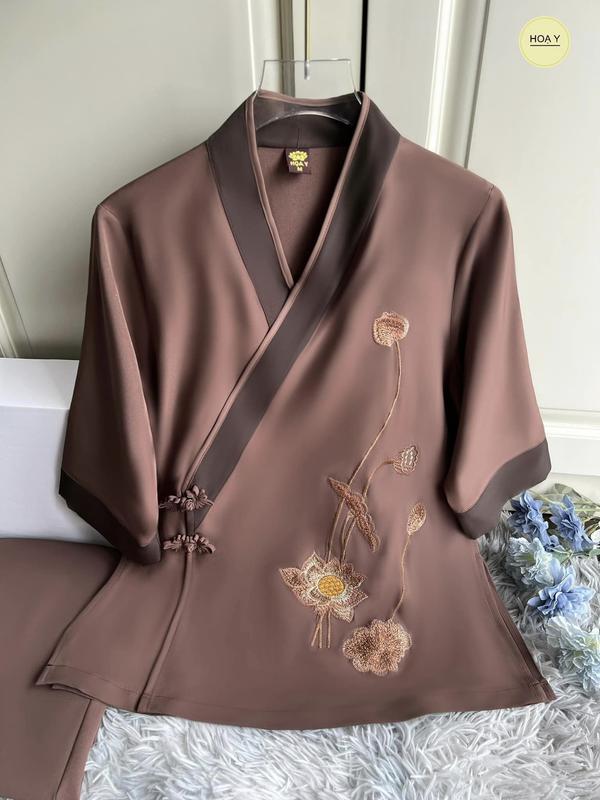 DL25 Sô (Họa Y Pha Phục) bộ Đồ Lam Đi Chùa, Top Quần Áo Thời Trang Cho Phật Tử Nữ,  size S M L XL  XXL, pháp  phục truyền thống, chất lụa tuyết Women áo hoa sen Voi Lịch trung niên