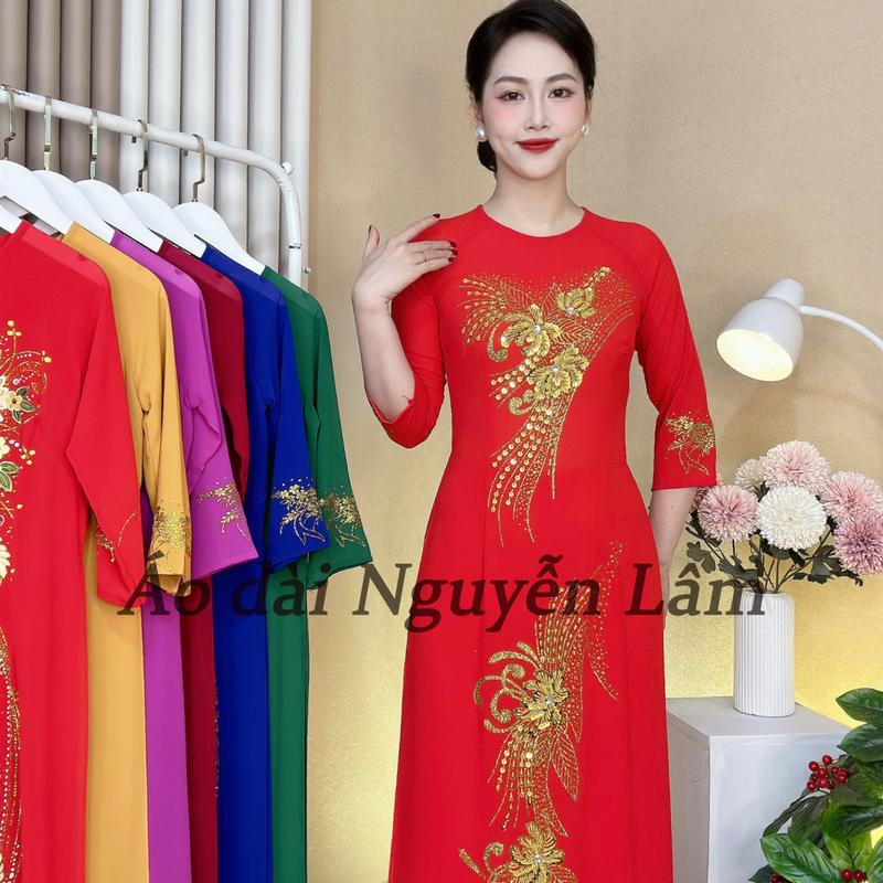 A65 ĐỎ - ÁO DÀI LỤA ĐÍNH HOA VẼ THỦ CÔNG LẤP LÁNH [CO GIÃN NHẸ, THẤM HÚT] Nữ Women Dress 4
