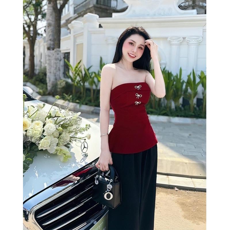 Set áo cúp tag nơ, quần ống rộng sành điệu 7907 Nữ Nhung