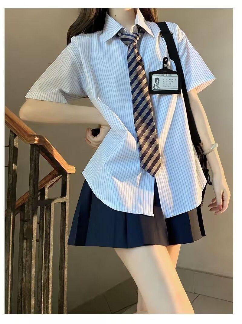Product Introduction of Three-Piece Summer New Japanese College JK Striped Shirt Short Sleeve Student All-Matching Pleated Skirt Anti-Aging Outfits 22