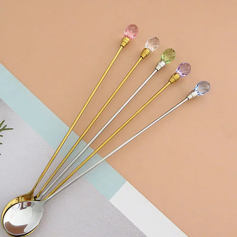 Muỗng Cà Phê Kim Cương Pha Lê, Muỗng Đá Bằng Thép Không Gỉ, Muỗng Khuấy Dài, Muỗng Cà Phê, Kem, Món Tráng Miệng, Cốc Cocktail, Dụng Cụ Nhà Bếp 1