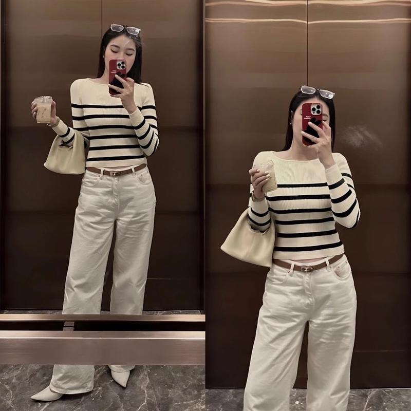 Áo len tăm dài tay cổ thuyền loại 1 dày dặn đen kẻ be siêu xinh phom ôm tôn dáng ảnh thật đi làm đi chơi đi học Nữ  Women