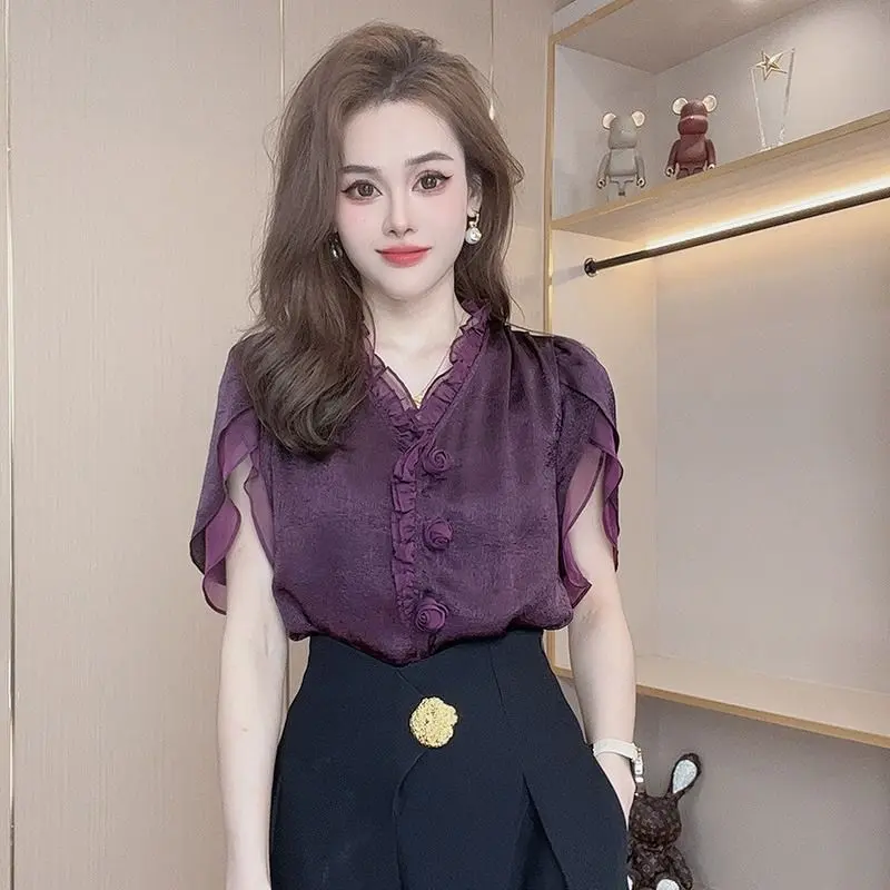 Áo Sơ Mi Mùa Hè, Thời Trang Thanh Lịch, Dành Cho Nữ, Màu Tím, Với Viền Dây Và Vải Lụa Lạnh Voan Phồng Tay Áo, Thiết Kế Hoa Ba Chiều Hàng Mới Về